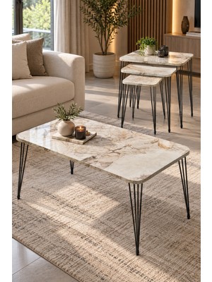 Sulorahome Mermer Desenli Orta Sehpa ve 3'lü Zigon Sehpa Seti