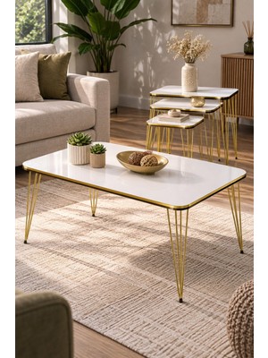 Sulorahome Gold Tel Ayaklı 4'lü Sehpa Seti Beyaz