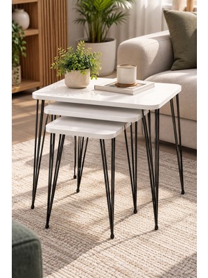 Sulorahome Metal Tel Zigon Sehpa Takımı Beyaz 3'lü