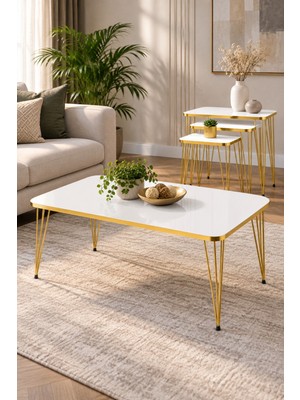 Sulorahome Gold Tel Ayaklı 4'lü Sehpa Seti Beyaz