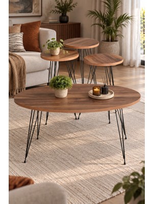Sulorahome Ceviz Desenli 4'lü Sehpa Seti Metal Ayaklı
