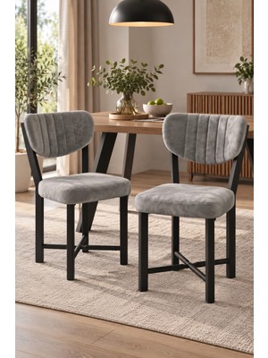 Sulorahome 2 Adet Gri Kumaş Döşemeli Metal Ayaklı Modern Sandalye Seti