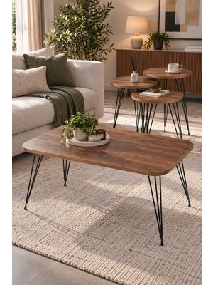 Sulorahome Ceviz Desenli 4'lü Sehpa Seti Metal Ayaklı