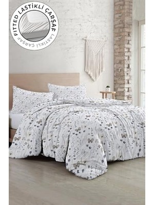 Trendexa Lastikli ÇARŞAFLI%100 Pamuk Saten Çift Kişilik Nevresim Takımı Butterfly Flower Luxury, MONOHOME35549