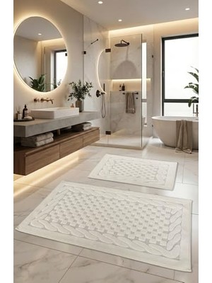 Trendexa Yumuşak, Süper Emici 2'li %100 Pamuk Ultra Lüks Banyo Paspası Seti, Ekru