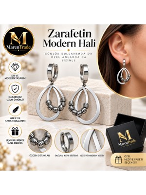 Maren Trade Marentrade Çelik Küpe – Modern Damla Tasarım Boncuk Detaylı Şık Kadın Küpe (Kararmaz, Hafif)