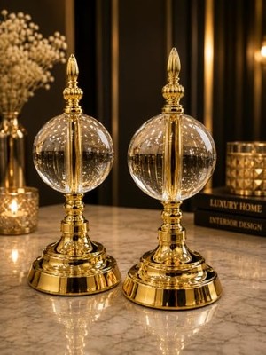 Trendexa Dekoratif Obje, Gold Crystal Cam Küre Seti – Altın Metal Modern Salon & Ofis Aksesuarı (2'li)