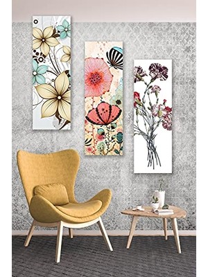Trendexa 3 Parça Çizim Çiçekler Desenli Mdf Duvar Tablosu
