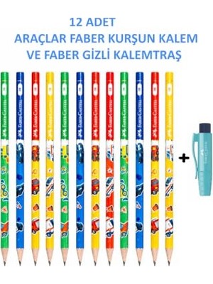 Trendexa Araç Desenli 2b Kurşun Kalem Seti, 12'li, Gizli Kalemtraş Dahil