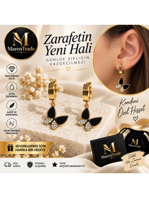 Marentrade Kelebek Detaylı Gold Halka Küpe – Siyah Taşlı Paslanmaz Çelik Şık Küpe