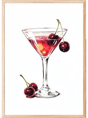 Trendexa Ahşap Çerçeveli Tablo, Kirazlı Kokteyl, Beyaz Arka Plan, Aquarelle Stil Poster No: 107174 30 x 40