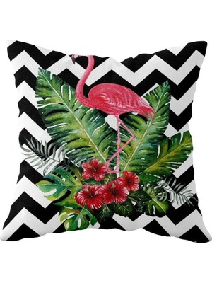 Trendexa Zigzag Flamingo Çift Taraflı Gizli Fermuarlı Siyah-Beyaz-Pembe Yastık Kılıfı 43 x 43