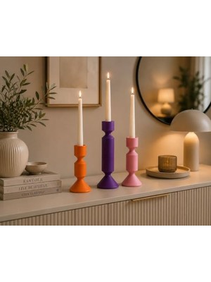 Trendexa Modern Dekoratif Şamdan Seti, 3'lü, Turuncu Mor Pembe, 6.5,12 ve 17 cm