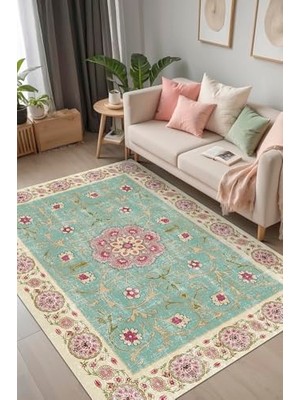 Trendexa Visina Vintage Desenli Şönil Pamuk Tabanlı Yıkanabilir Kaymayı Önleyici Antibakteriyel Salon Halısı 160X230