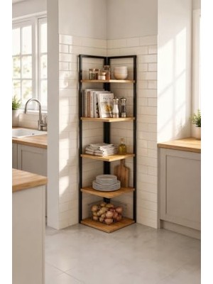 Trendexa Ela 5 Raflı Metal Köşe Kitaplık Rafı Dekoratif Aksesuar Rafı 180 Cm; Siyah, Çam