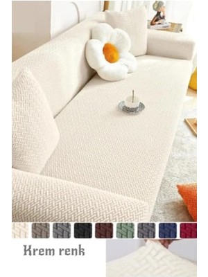Trendexa Tuğla Desen 3 Kişilik Lastikli Kanepe Örtüsü | Lastikli Koltuk Örtüsü | Koltuk Kılıfı Krem 180 x 230