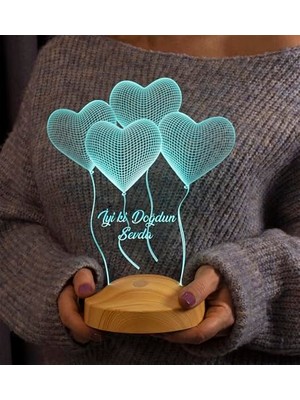 Trendexa Doğum Günü Hediyesi Kalpli, Iyi Ki Doğdun Yazılı Uçan Kalpler Kişiye Özel 3D LED Lamba