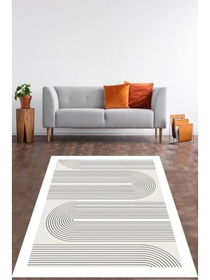 Trendexa Bohem Iskandinav Siyah Çizgi Desenli Yıkanabilir Kaymaz Taban Leke Tutmaz Salon Halısı Yolluk, Gri-Siyah-Beyaz 180 x 300
