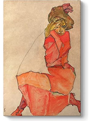 Trendexa Egon Schiele Kneeling Female In Orange-Red Dress Tablosu, 70 x 100