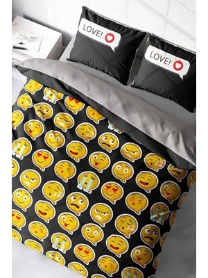 Trendexa I Love Emoji 3D Pamuk Saten Çift Kişilik Nevresim Takımı, MONOHOME1998