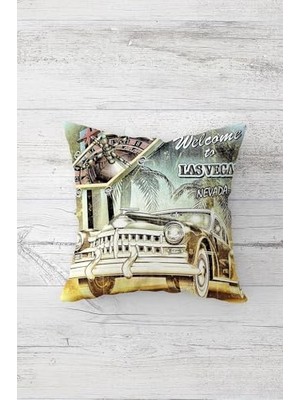 Trendexa Vintage Araba Desenli Çift Taraflı Baskılı Gizli Fermuarlı Yastık Kılıfı, Gri-Kahve-Siyah 45 x 45