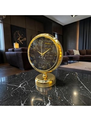 Trendexa Saat, Gold Marble Masa Saati – Altın Çerçeveli Siyah Mermer Desenli Modern Lüks Dekoratif