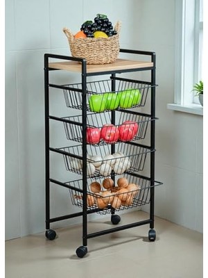 Trendexa Tekerlekli Metal Sebzelik Standı, 4 Tel Sepetli ve Çam Ahşap Raflı Çok Amaçlı Organizer