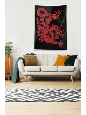 Trendexa Siyah Kırmızı Ejderha Leke Tutmaz Kadife Kumaş Duvar Örtüsü Duvar Halısı Tapestry KWLL364,140 x 140