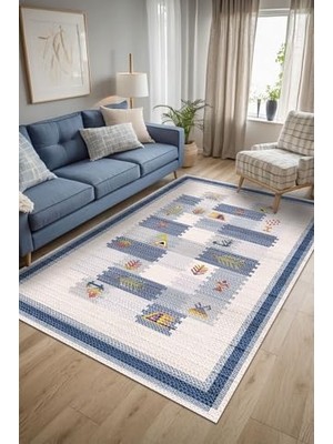 Trendexa Nera Kilim Desen Şönil Kaymayı Önleyici Doğal Pamuk Tabanlı Yıkanabilir Antibakteriyel Çevre Dostu Salon Halısı 100X150