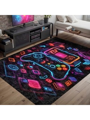 Trendexa Console Gamer Şönil Halı, Pamuk Tabanlı, Kaymaz ve Yıkanabilir Gaming Oyuncu Odası Halısı, 200X300