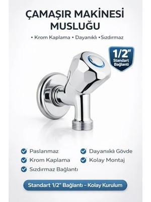 Trendexa Krom Kaplama Çamaşır ve Bulaşık Makinesi Musluğu; Pirinç, 1/2'' Standart Bağlantı, Paslanmaz, Sızdırmaz