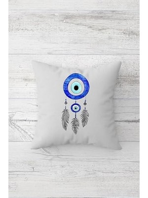 Trendexa Nazar Boncuklu Dream Cather Düş Kapanı Çift Taraflı Baskılı Gizli Fermuarlı Yastık Kılıfı, Mavi-Kırık Beyaz, 45 x 45