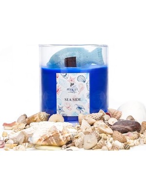 Trendexa Büyük Üfleme Cam, Balık Dekorlu Saks Mavisi Ocean Breeze Kokulu Vegan Mum, 380 G