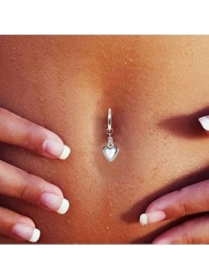 Trendexa Gümüş Deliksiz Fake Çelik Göbek Piercing, Kalp Sallantılı