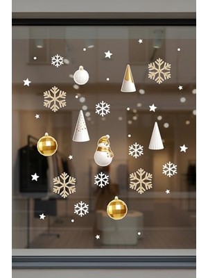 Trendexa Yılbaşı Cam Vitrin Stickerı, Altın Kar Taneleri ve Noel Temalı, 39 x 47 cm