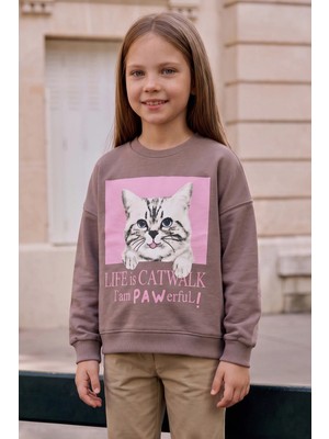 FullaModa Kedi Baskılı Bisiklet Yaka Oversize Sweatshirt