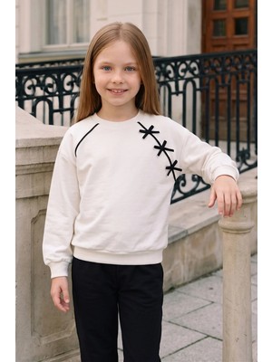 FullaModa Fiyonk Nakışlı Biyeli Bisiklet Yaka Kız Çocuk Sweatshirt