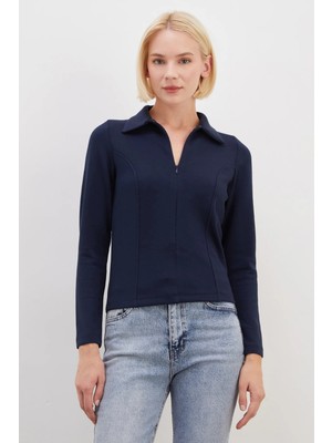 FullaModa Yarım Fermuarlı Polo Yaka Slim Fit Modal Sweatshirt
