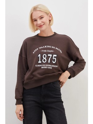 FullaModa 3 İplik Şardonsuz 1875 Baskılı Oversize Sweatshirt