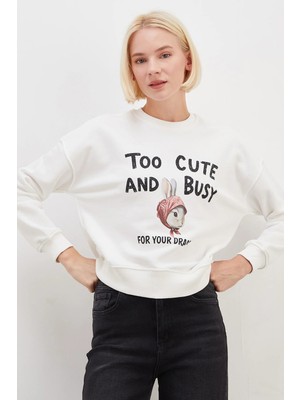 FullaModa 3 İplik Şardonsuz Tavşan Baskılı Oversize Sweatshirt