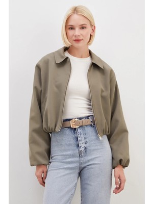 FullaModa Fermuarlı Polo Yaka Bomber Ceket