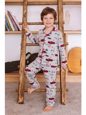 FullaModa Araba Desenli Düğmeli Erkek Çocuk 2 Li Pijama Takımı