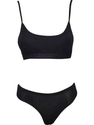 Pileli Store Pedli Ip Askılı Yarım Atlet Büstiyer Külot Takım Siyah