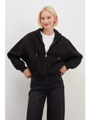FullaModa 3 İplik Fermuarlı Kapüşonlu Yarasa Kol Crop Sweatshirt