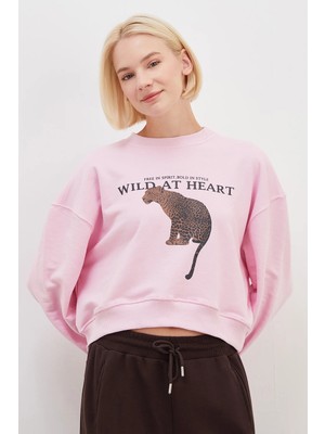 FullaModa 3 İplik Şardonsuz Kaplan Baskılı Oversize Sweatshirt