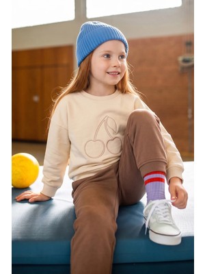 FullaModa Kiraz Nakışlı Bisiklet Yaka Kız Çocuk Sweatshirt