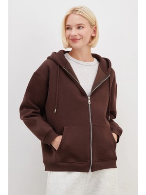 FullaModa 3 İplik Basic Fermuarlı Kapüşonlu Oversize Sweatshirt