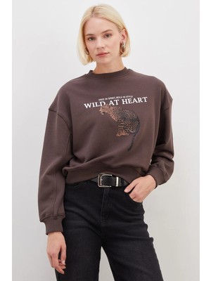 FullaModa 3 İplik Şardonsuz Kaplan Baskılı Oversize Sweatshirt
