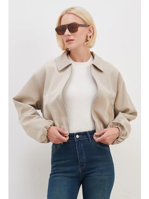 FullaModa Fermuarlı Polo Yaka Bomber Ceket