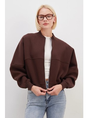 FullaModa 3 İplik Basic Fermuarlı Dik Yaka Crop Sweatshirt